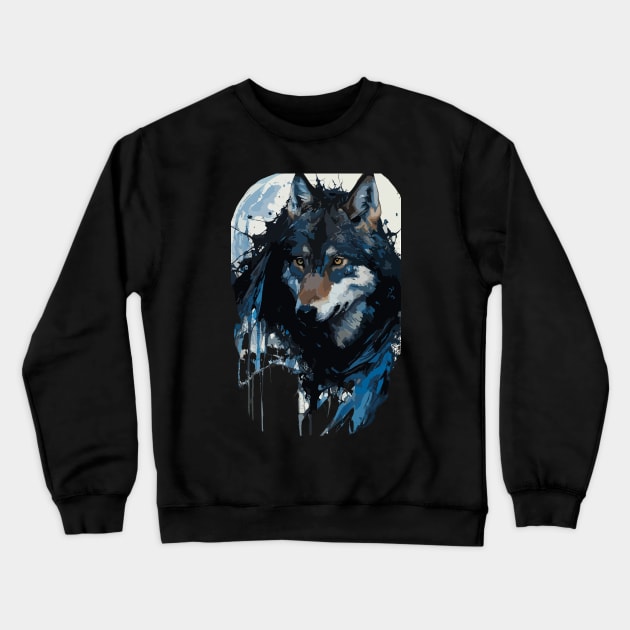 Wolf Howling at the Full Moon in Ink Painting Style Crewneck Sweatshirt by diegotorres